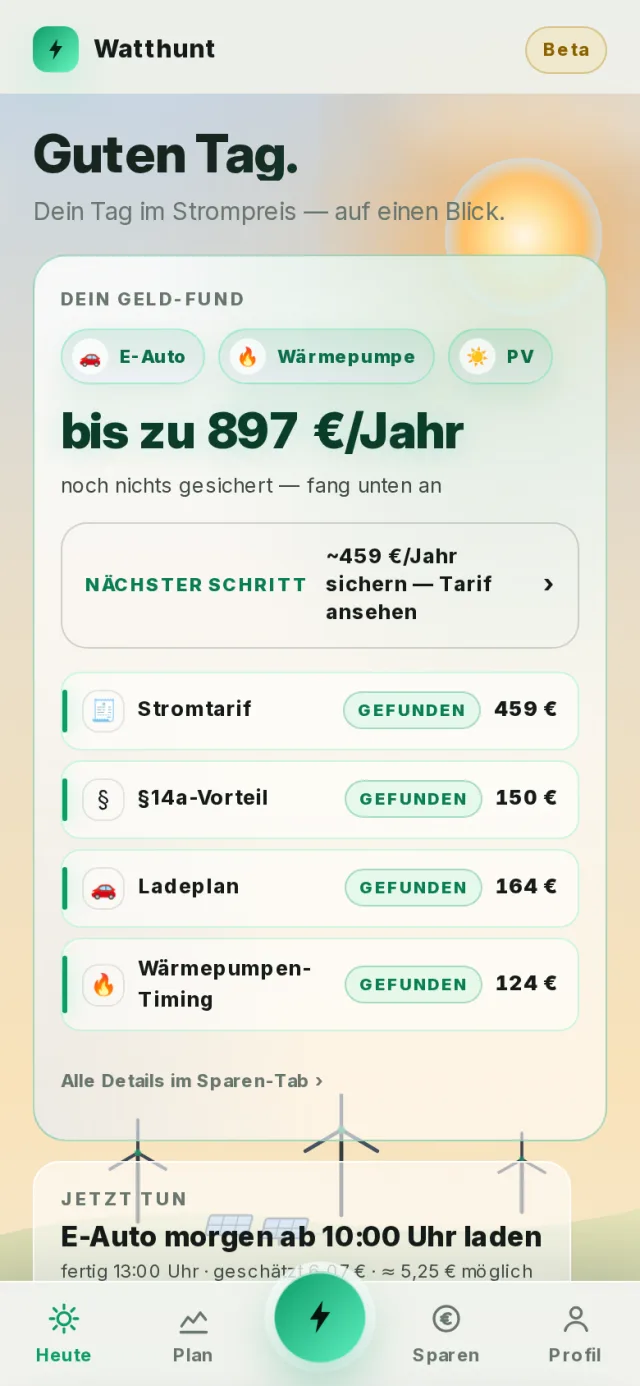 Watthunt App im hellen Tag-Thema mit Sonne, Geld-Fund und Sparchancen