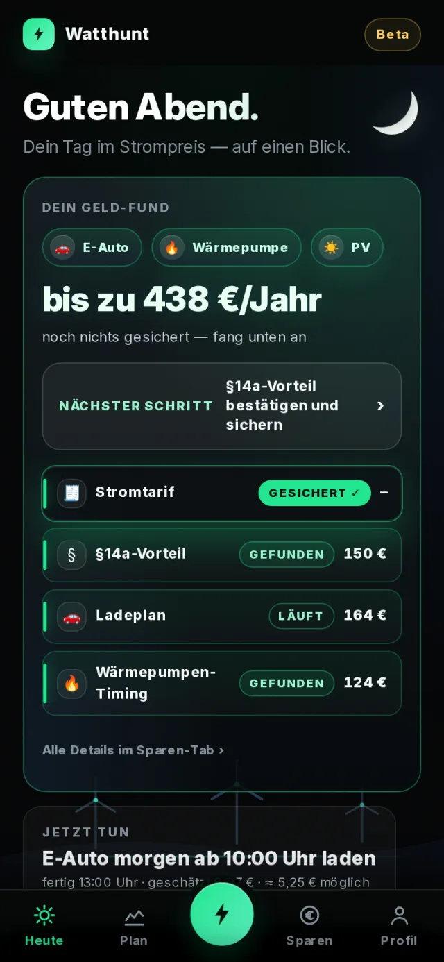 Watthunt App, Heute-Ansicht am Abend: Geld-Fund mit bis zu 438 € pro Jahr, §14a-Vorteil gefunden, Ladeplan läuft